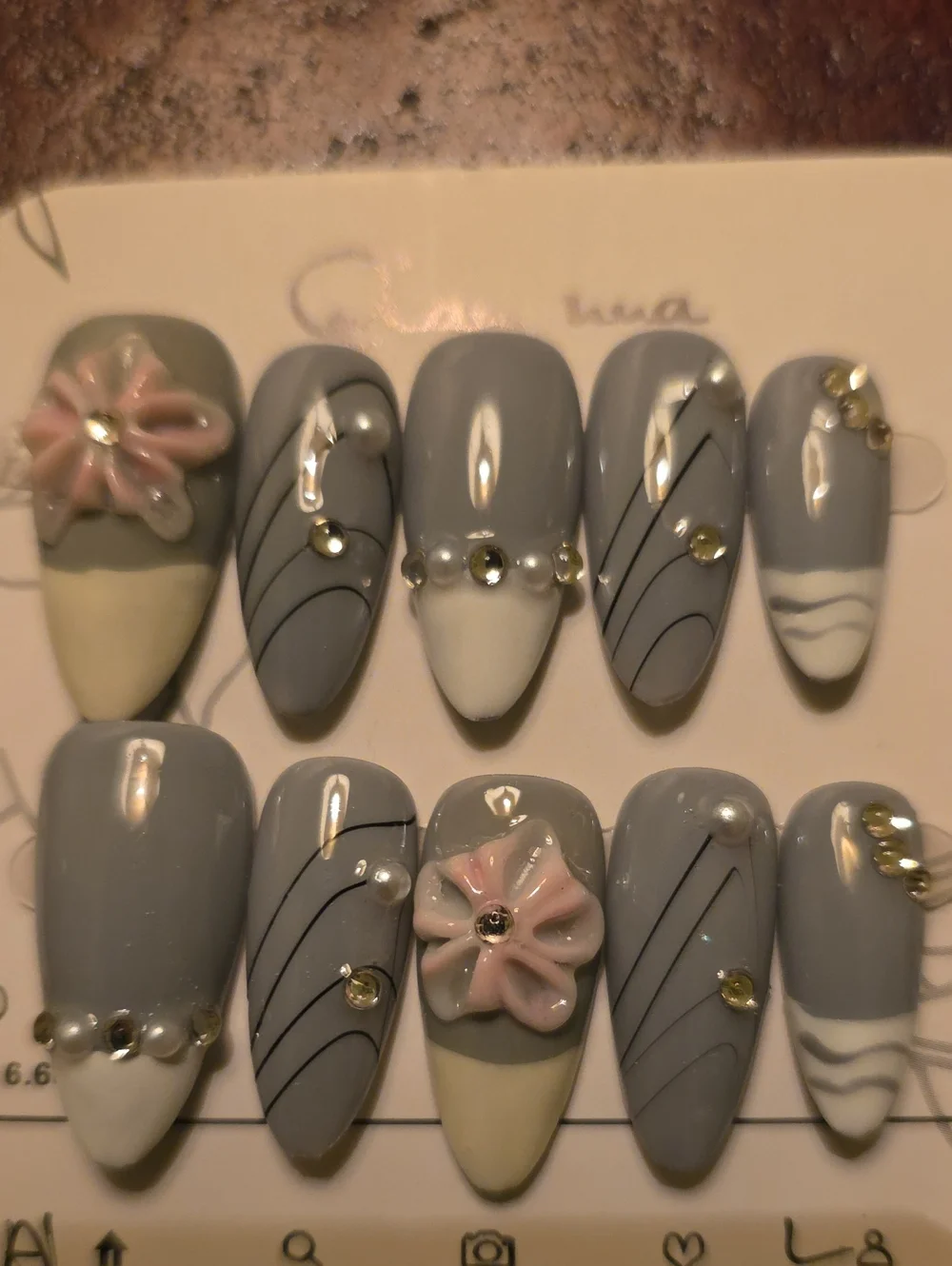 Gray & White Floral Pearl Accent Press-On Nails